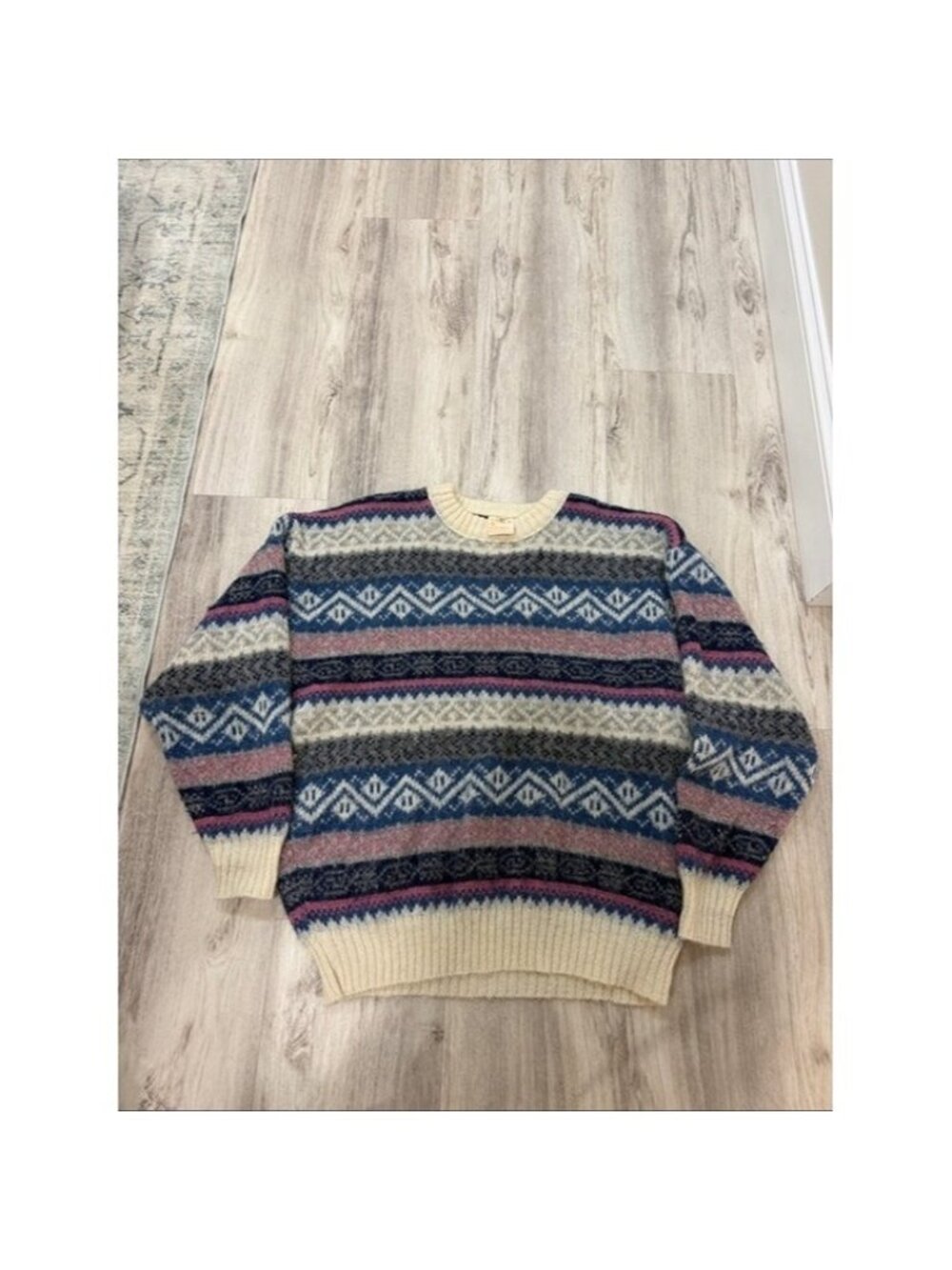 Vintage 70/80s Classic Fair Isle Crewneck Sweater in Cream, Blue  wool L